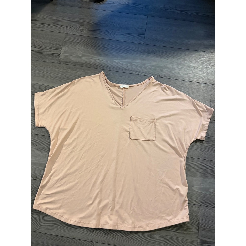 Entro Womens Large Beige V Neck Pocket Top Relaxed Oversized Casual Shirt